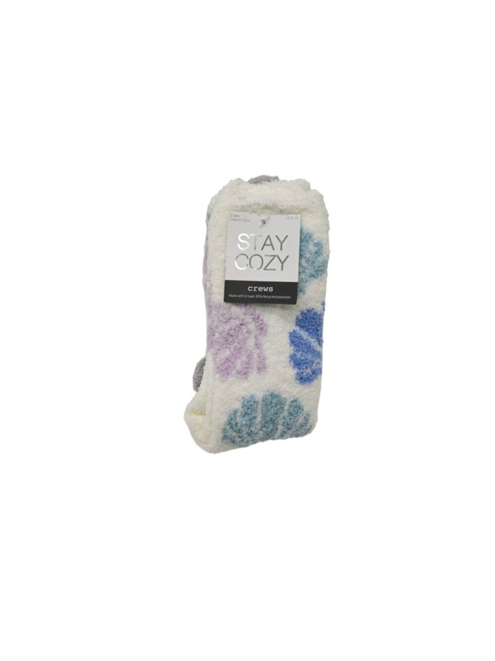 NWT Stay Cozy 2 Pair Fuzzy Crew Socks OS 4-10 White Blue Purple Plush Soft